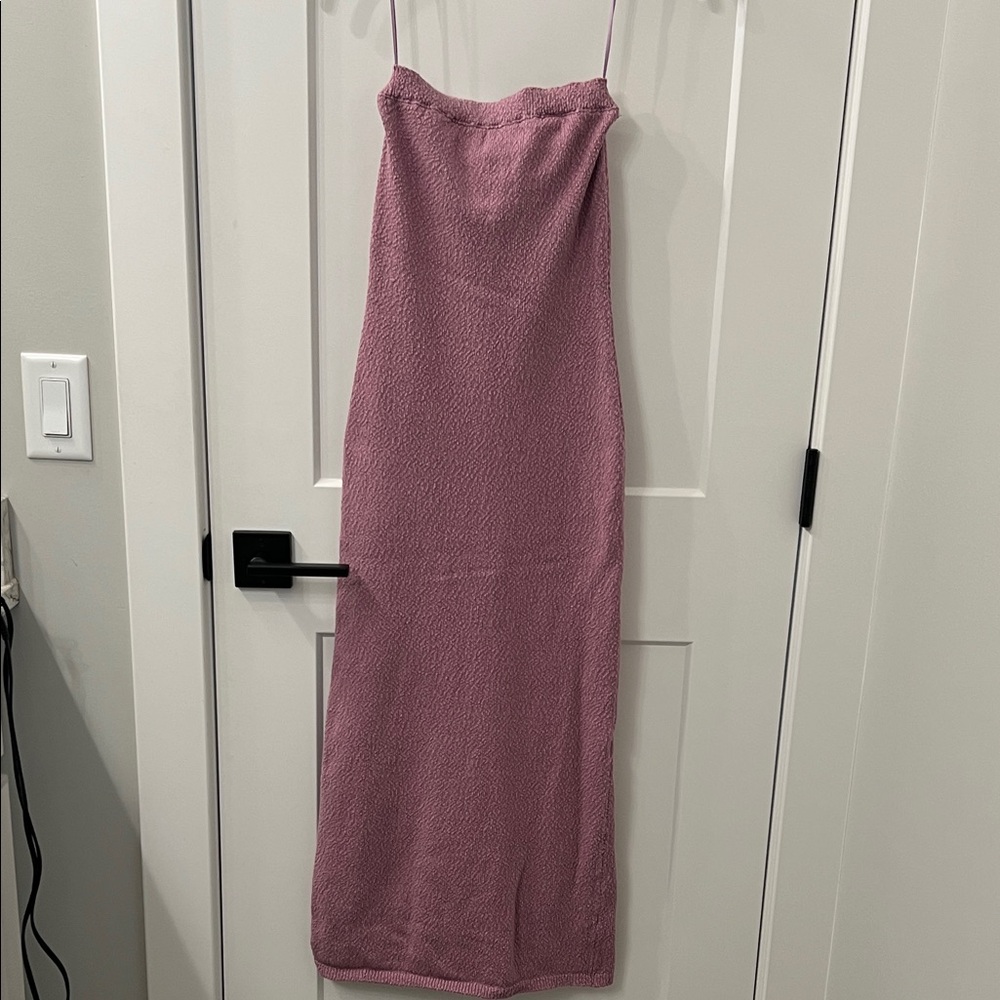 Dusty Rose strapless beachy sweater dress.